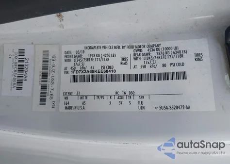 2019 Ford F-250 Xl z USA, uszkodzony, nr VIN 1FD7X2A68KEE68410